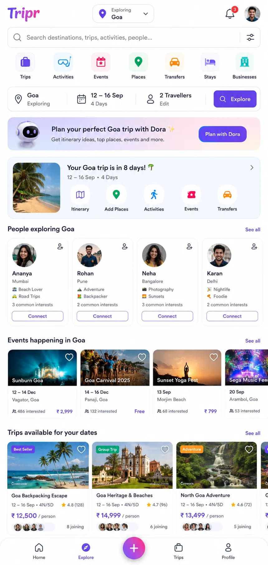 Tripr app home screen — explore Goa, Dora AI, people and events